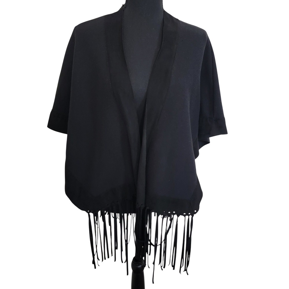 Alya Black Fringed Open Front Poncho Cape Cardigan One Size Western Festival